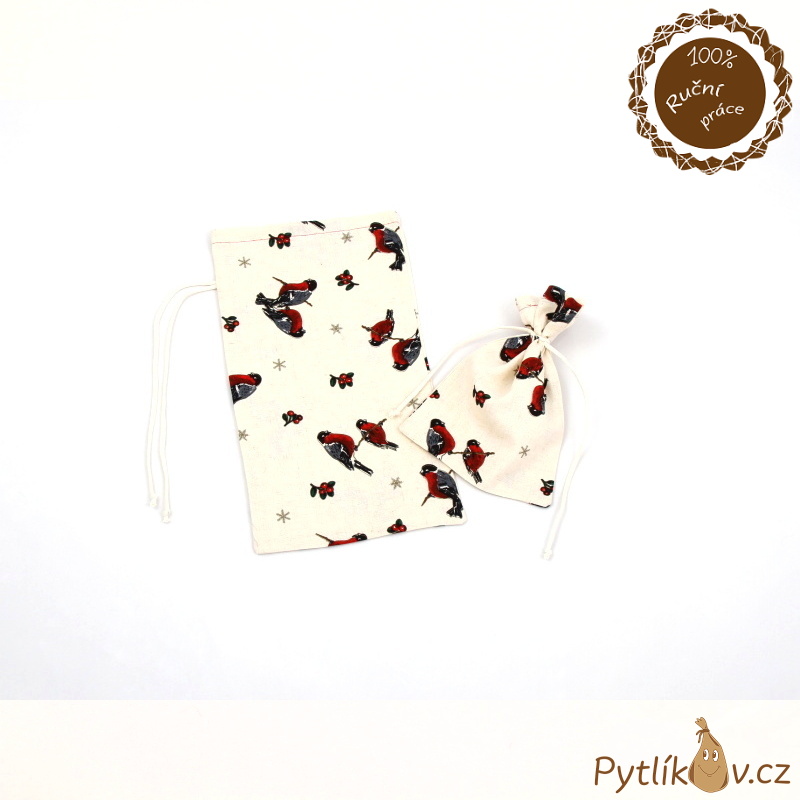 Vánoční ptáčci režný plátěný pytlík 20 x 37 cm