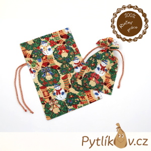 Vánoční věnce a sněhuláci plátěný pytlík 16 x 19 cm