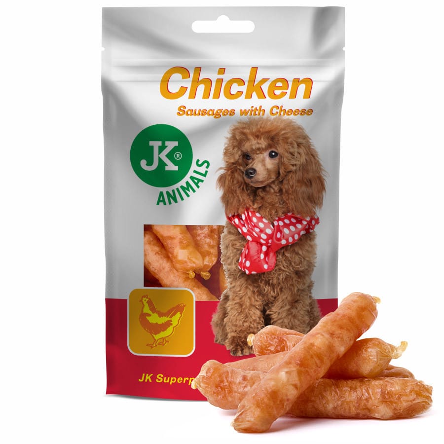 JK ANIMALS Kuřecí klobásky se sýrem, masový pamlsek pro psy, 80 g