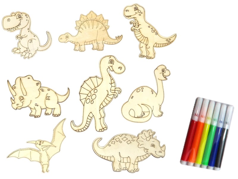 Obrázky dřevo k vymalování s barvami 8x 12cm Dinosaurus s barvami
