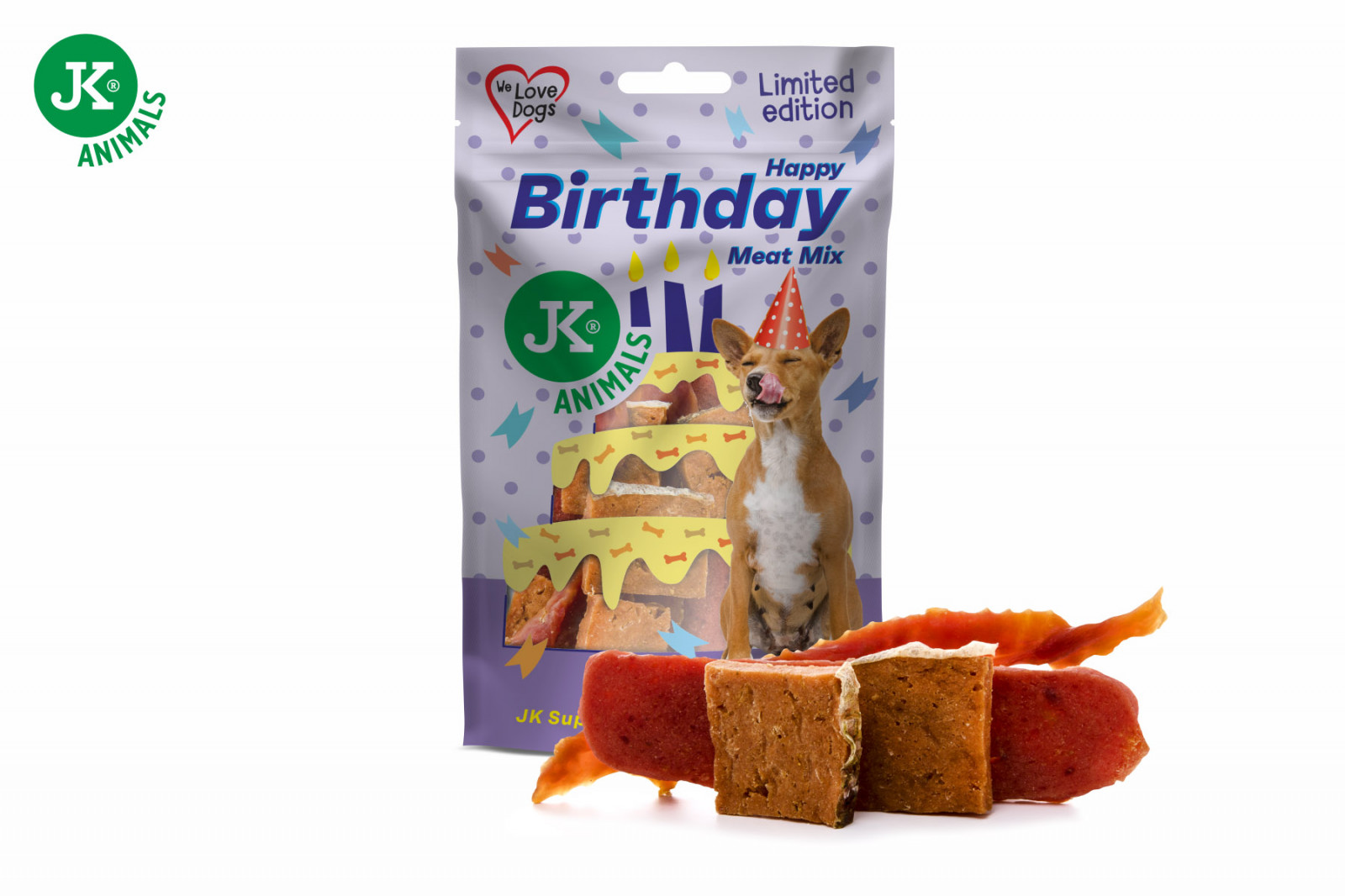 JK Animals Narozeninový masový Mix, kachní maso, králičí filety a maso z lososa, 80 g