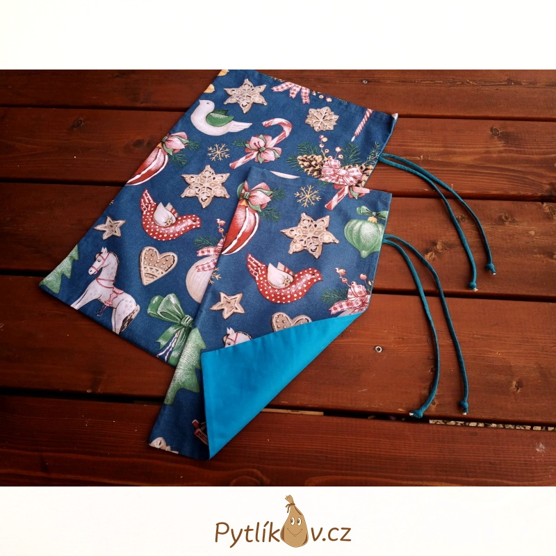 Vánoční ozdoby modrá-tyrkysová plátěný pytlík 32 x 46 cm