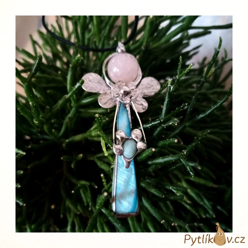 Náhrdelník ANDĚL z cínu - perleť akvamarín