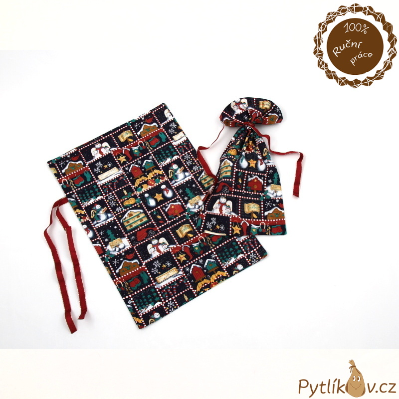 Vánoční motivy třpytivé plátěný pytlík 20 x 37 cm