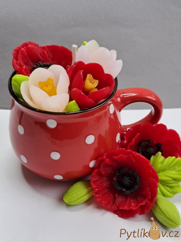 Svíčka v keramickém hrníčku Červená-bílý puntík 240g švestka/růže/patchouli