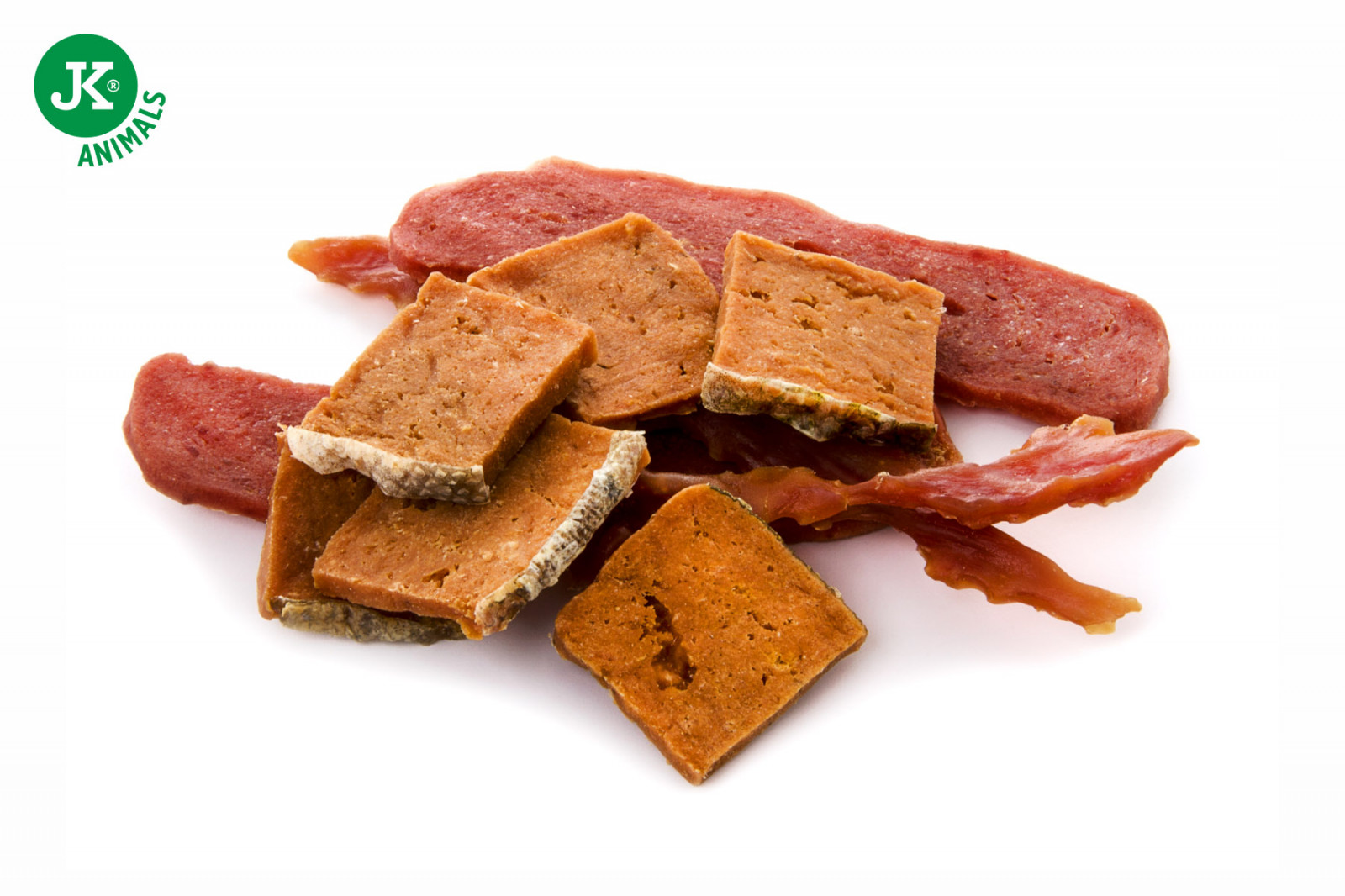 JK Animals Narozeninový masový Mix, kachní maso, králičí filety a maso z lososa, 80 g