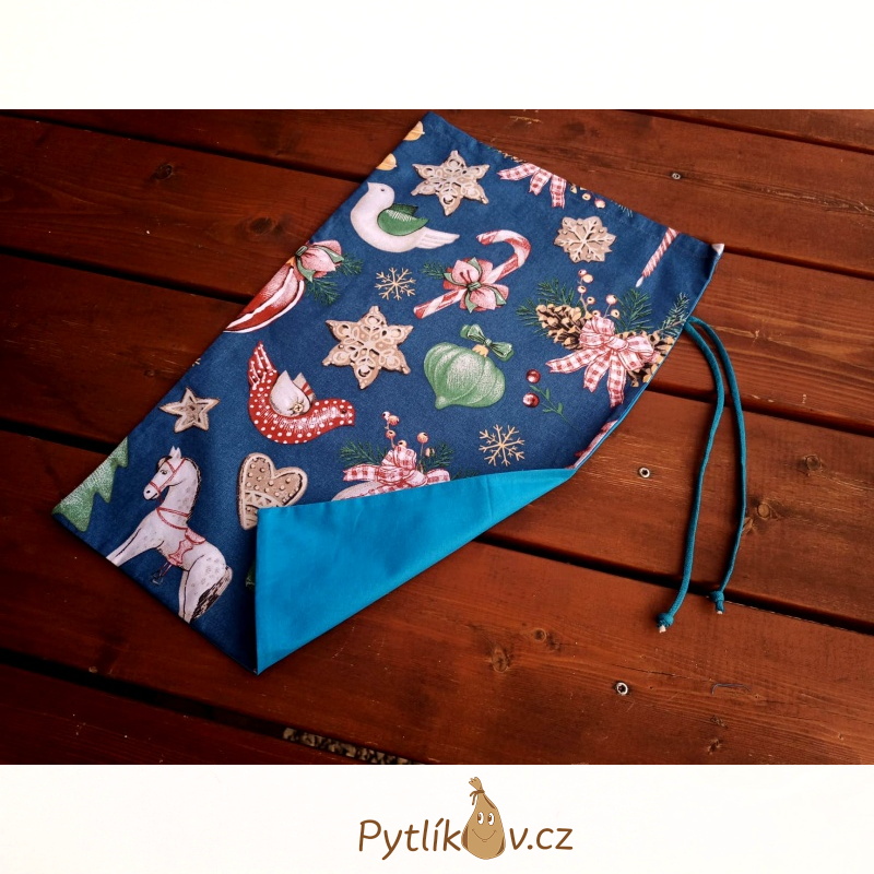 Vánoční ozdoby modrá-tyrkysová plátěný pytlík 32 x 46 cm