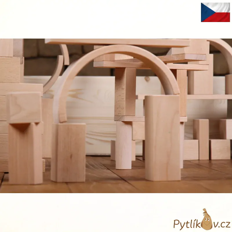 Dřevěná sada stavebních kostek XL + dřevěná bedna, provedení přírodní buk.