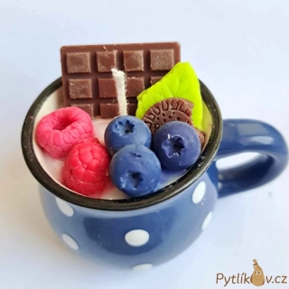 Svíčka v keramickém hrníčku Tmavě modrá-bílý puntík 80g borůvka/vanilka